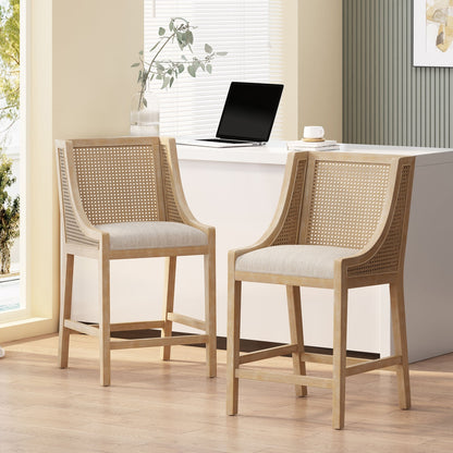 Solid Wood Counter Height Stools with Natural Rattan Backrest and Premium Upholstered Cushioning – Set of 2