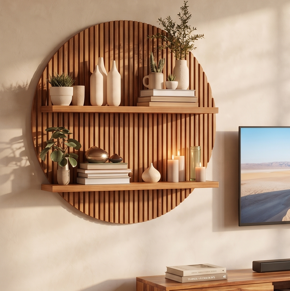 ADOUER WOOD Modern Circular Fluted Wood Wall Decor – 2-Tier Floating Shelf