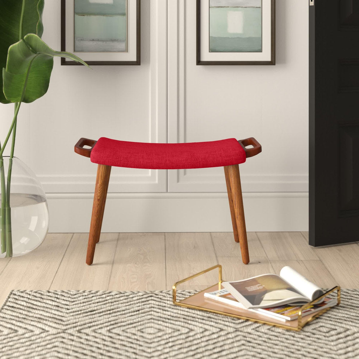 Handcrafted Sheesham Wood Ottoman Bench - Mid-Century Cotton Stool