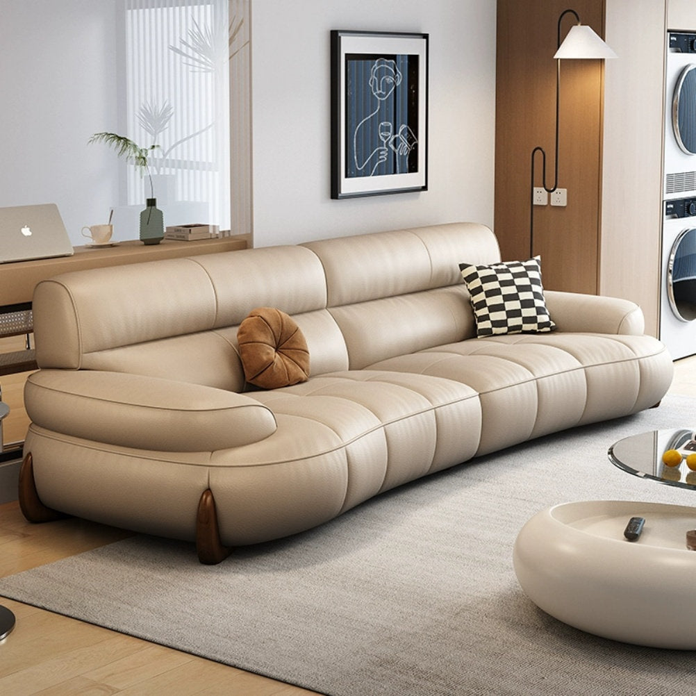 Modular Look Curved Leather Sofa with Generous Rolling Arms