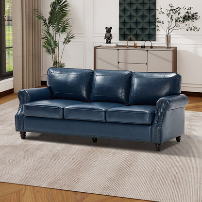 Three-Seater Blue Leather Sofa on Durable Sheesham Wood Base