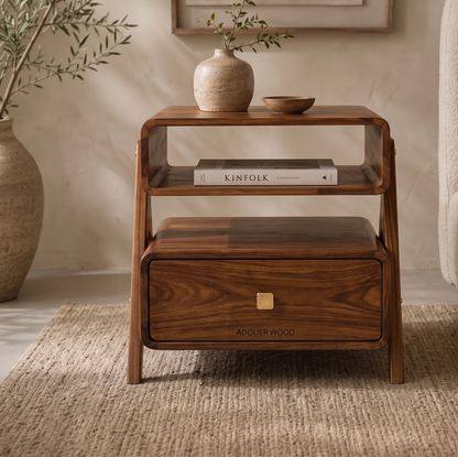 Adouer Wood Retro Solid Wood Nightstand – 2-Tier Bedside Table with Drawer