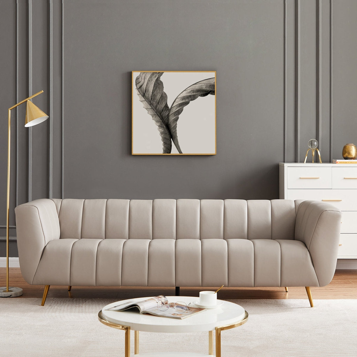 The Curved Channel-Back Leather Sofa on Solid Wood