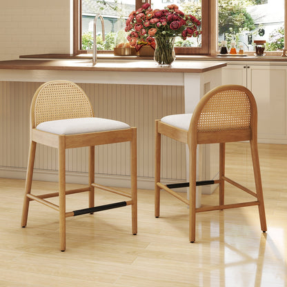 The Heritage Solid Wood Bar Stool Set – Handcrafted Woven Rattan & Cotton Upholstery