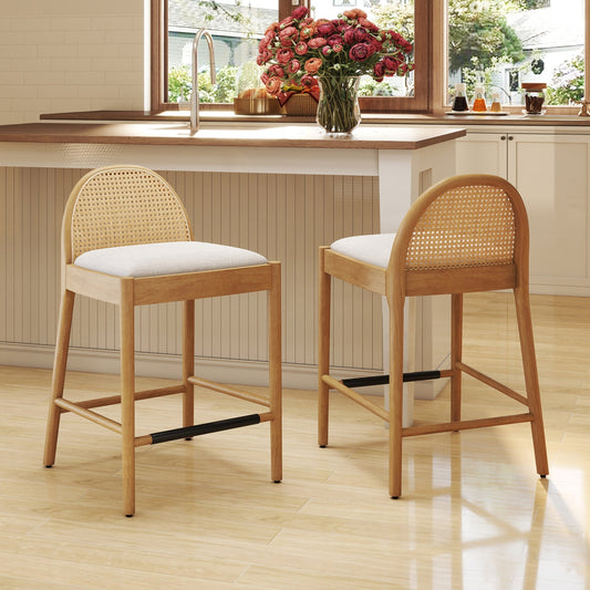The Heritage Solid Wood Bar Stool Set – Handcrafted Woven Rattan & Cotton Upholstery