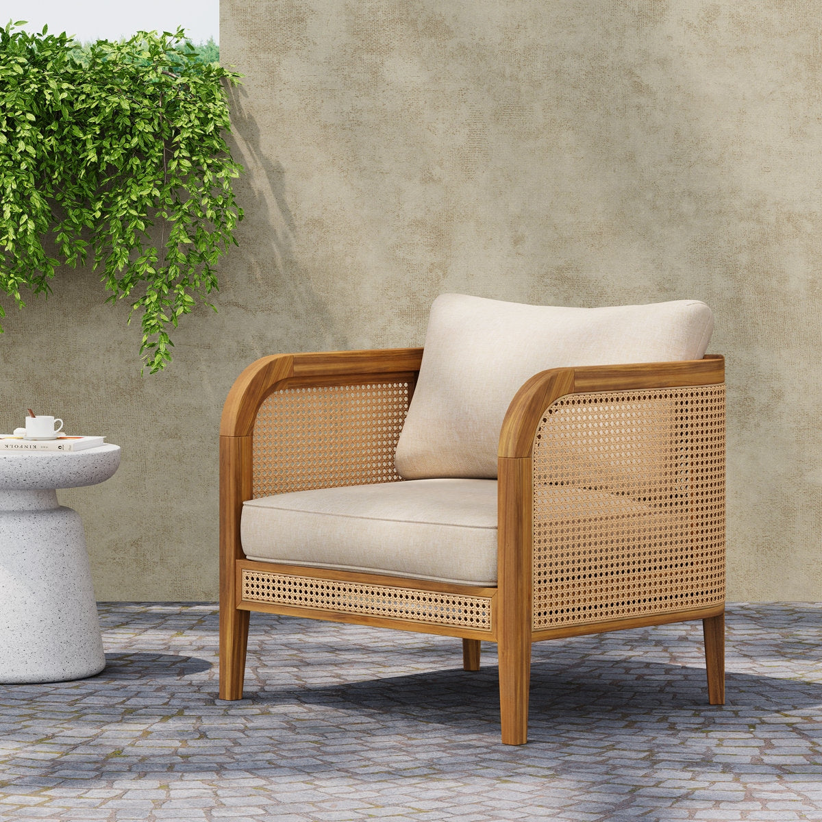 Weather-Resistant Acacia and Cane Outdoor Sofa with Cream Polyester Cushions