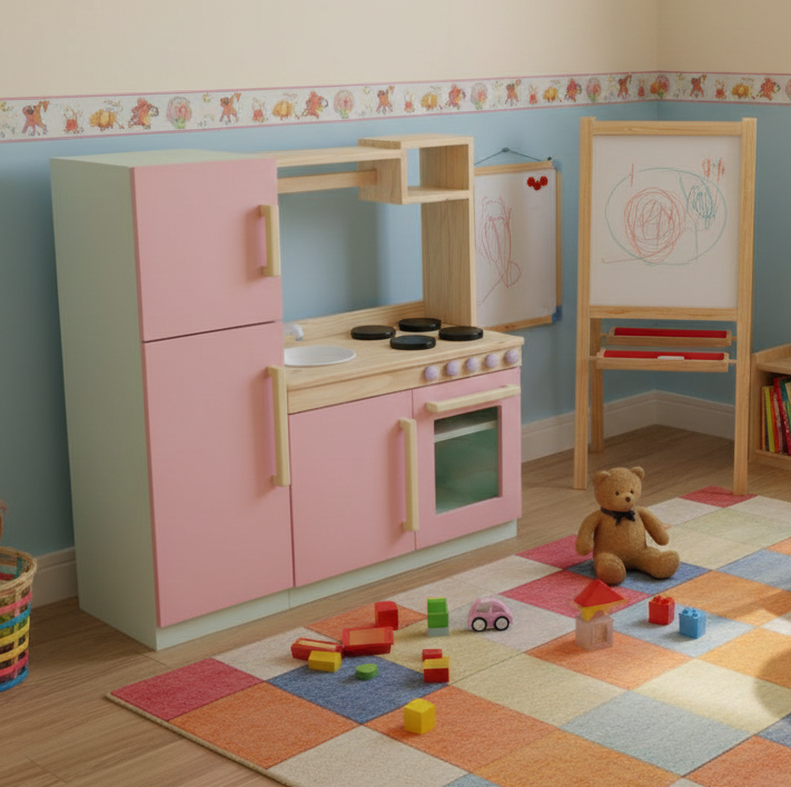 Premium Wooden Kids Play Kitchen Set – All-in-One Toy Kitchen with Fridge, Oven, Sink & Stove – Pastel Pink & Natural Wood Montessori Toy