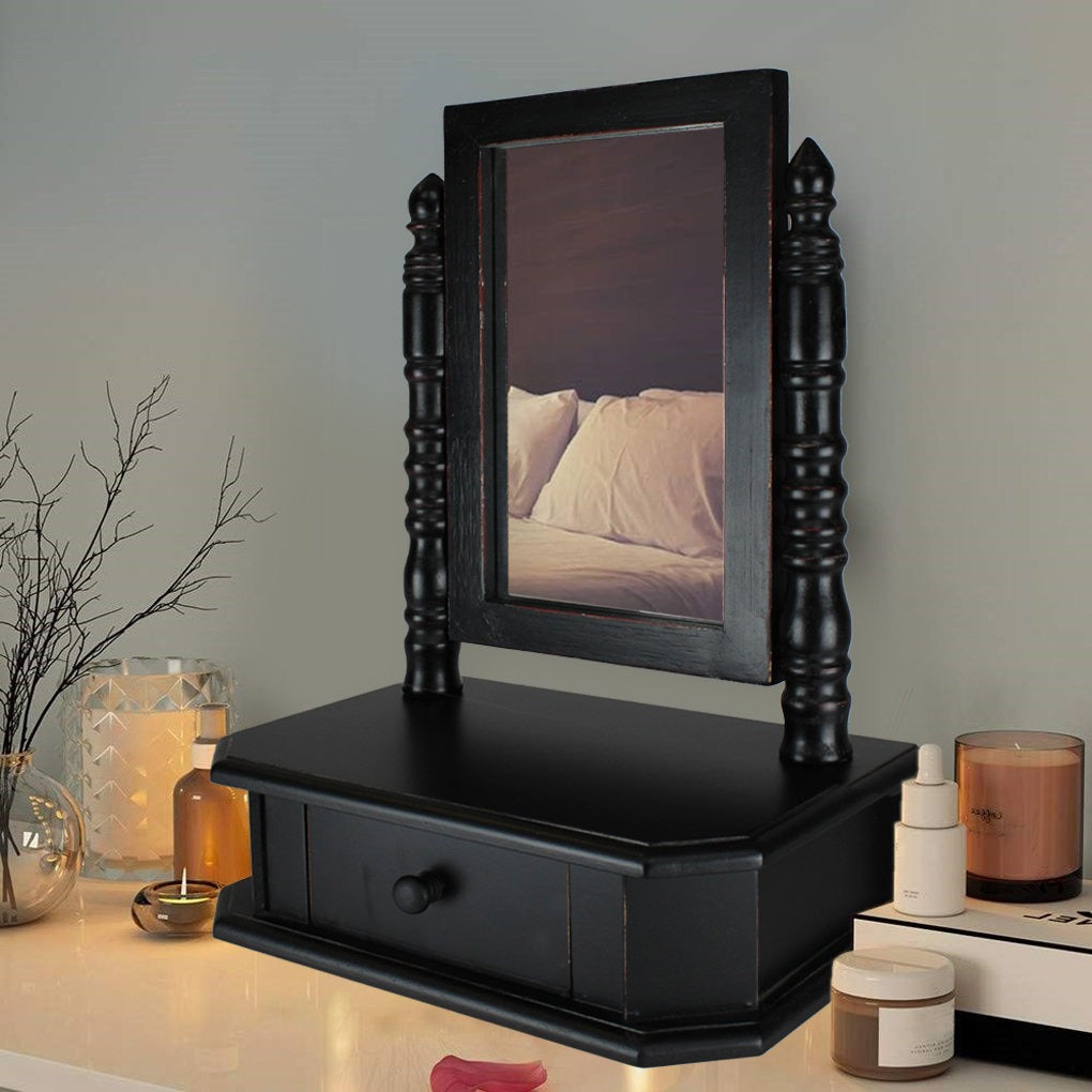 Solid Wood Antique Wood Vanity Mirror with Storage Drawer