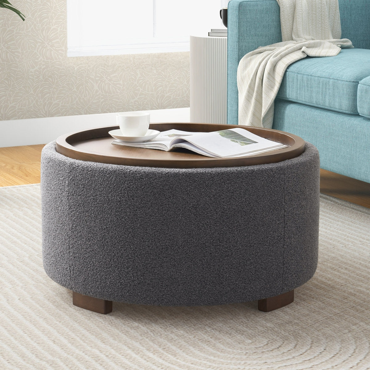 Round Boucle Storage Ottoman with Removable Acacia Wood Tray Table