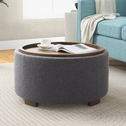 Round Boucle Storage Ottoman with Removable Acacia Wood Tray Table