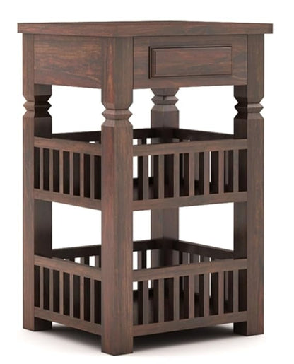 Sheesham 2-Tier Bed Side Table , Narrow End Side Table, Space-Saving Slim Night Stand with Shelf and Drawer Storage