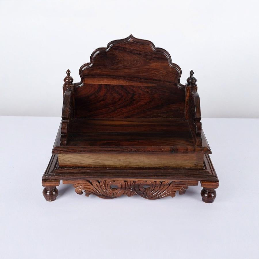 Sheesham Wood Designer Pooja Chowki with Intricate Front Carving – Walnut