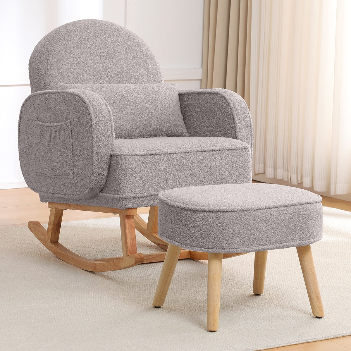 Modern Grey Boucle Rocking Chair and Ottoman with Natural Wood Accents