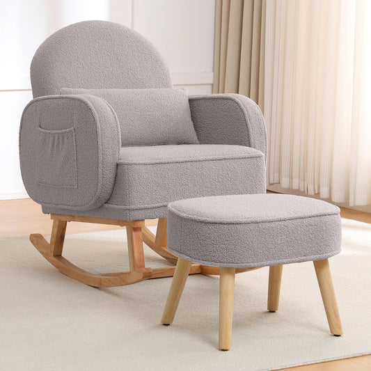Modern Grey Boucle Rocking Chair and Ottoman with Natural Wood Accents