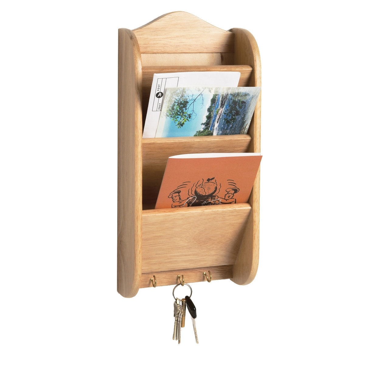 The Functional Design Choice: Handcrafted Natural Wood Wall Organizer - 3-Slot Letter Holder with Key Hooks