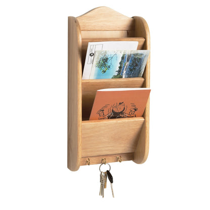 The Functional Design Choice: Handcrafted Natural Wood Wall Organizer - 3-Slot Letter Holder with Key Hooks