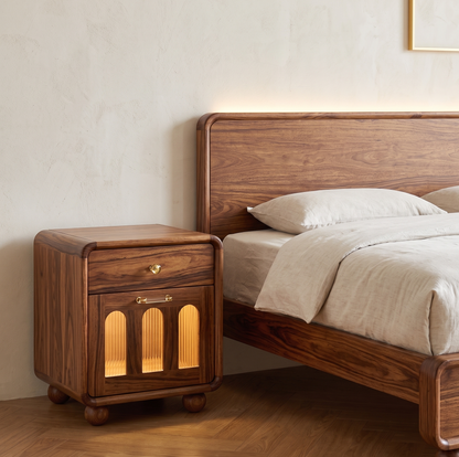 Adouer Wood Solid Sheesham Wood Bedside Table with Drawer and Fluted Acrylic Glass Door