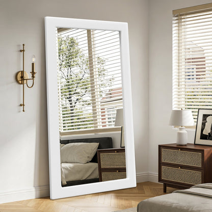 Modern Full-Length Standing Mirror with Wide White Wooden Frame