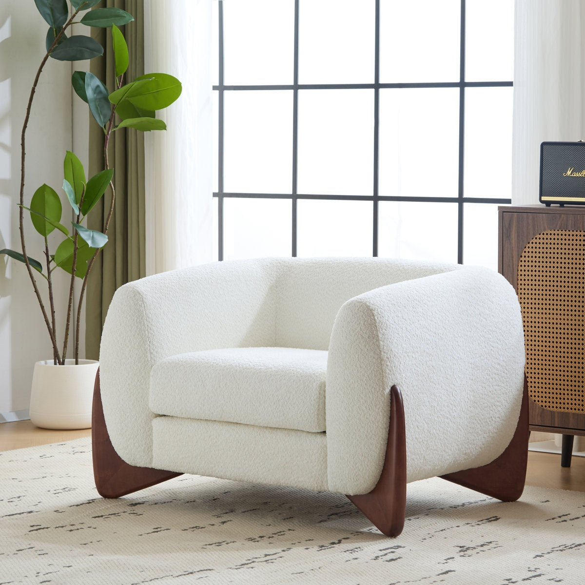 Elegant Boucle Sofa with Curved Sheesham Base