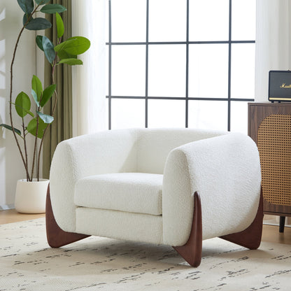 Elegant Boucle Sofa with Curved Sheesham Base