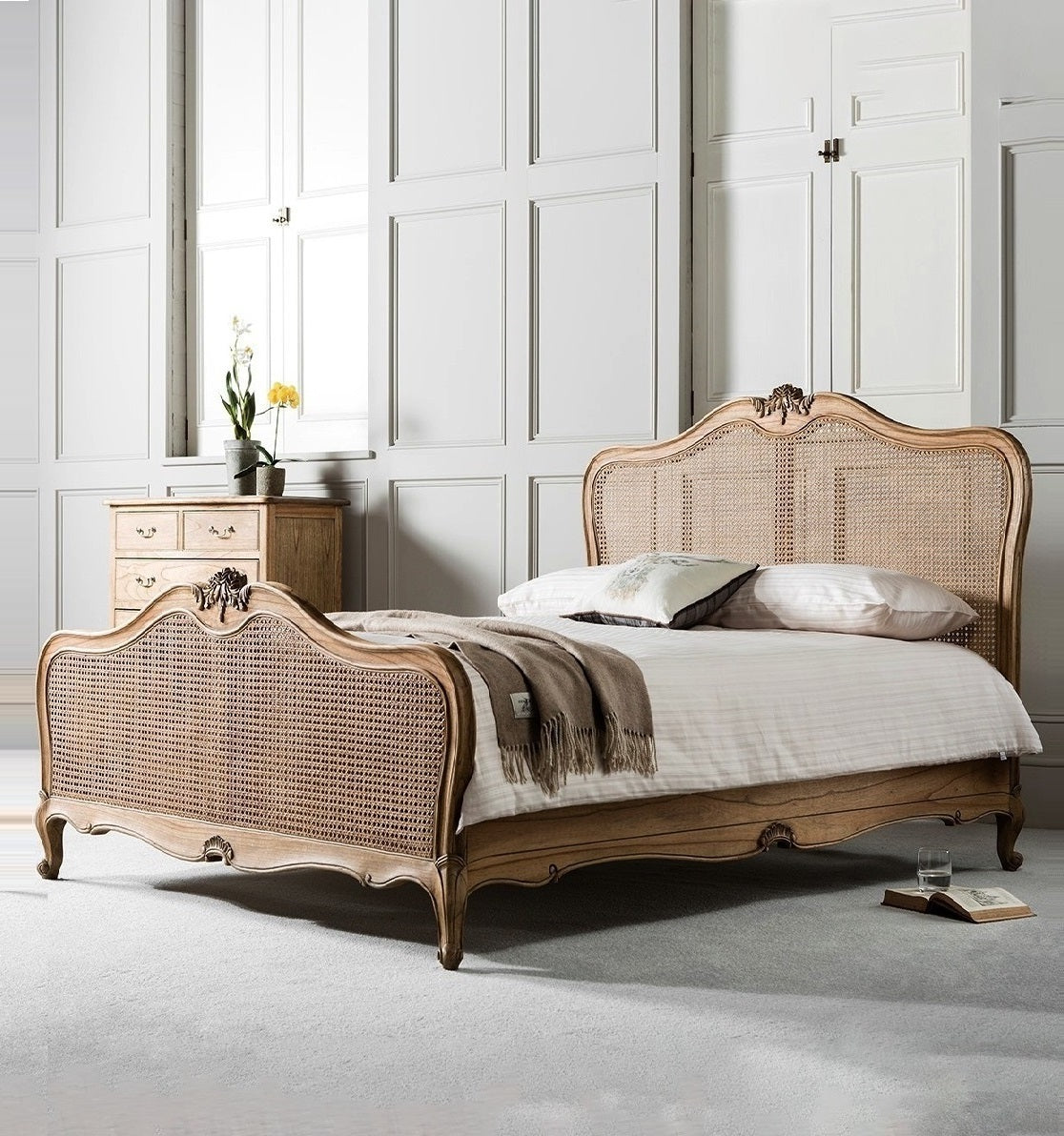 Adouer Wood Hand Carved Natural French Vintage Rattan Bed