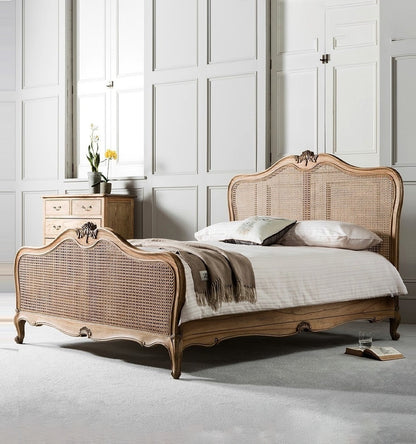 Adouer Wood Hand Carved Natural French Vintage Rattan Bed