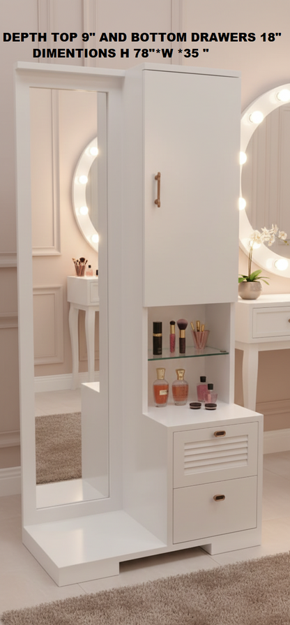 Adouer Wood Solid Wood Vertical Luxu Dressing Table with Full-Length Mirror and Storage Drawers