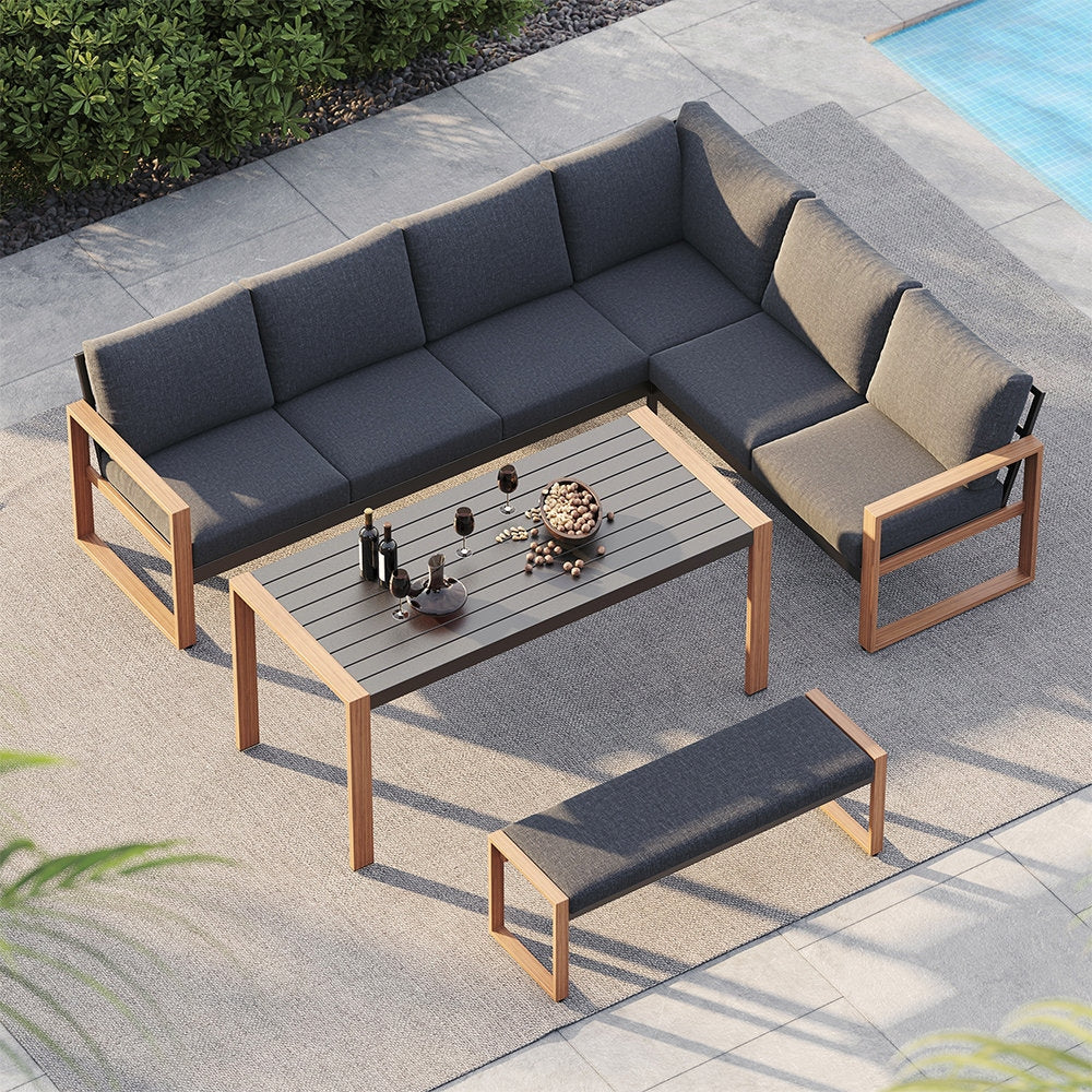 Adouer Wood Signature Series: Contemporary 7-Seater Patio Sofa with Integrated Dining Table and Bench