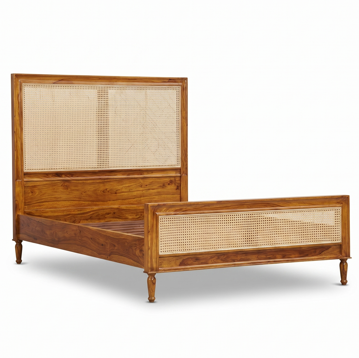ADOUER WOOD Handcrafted Solid Wood Bed Frame with Woven Cane Headboard and Footboard