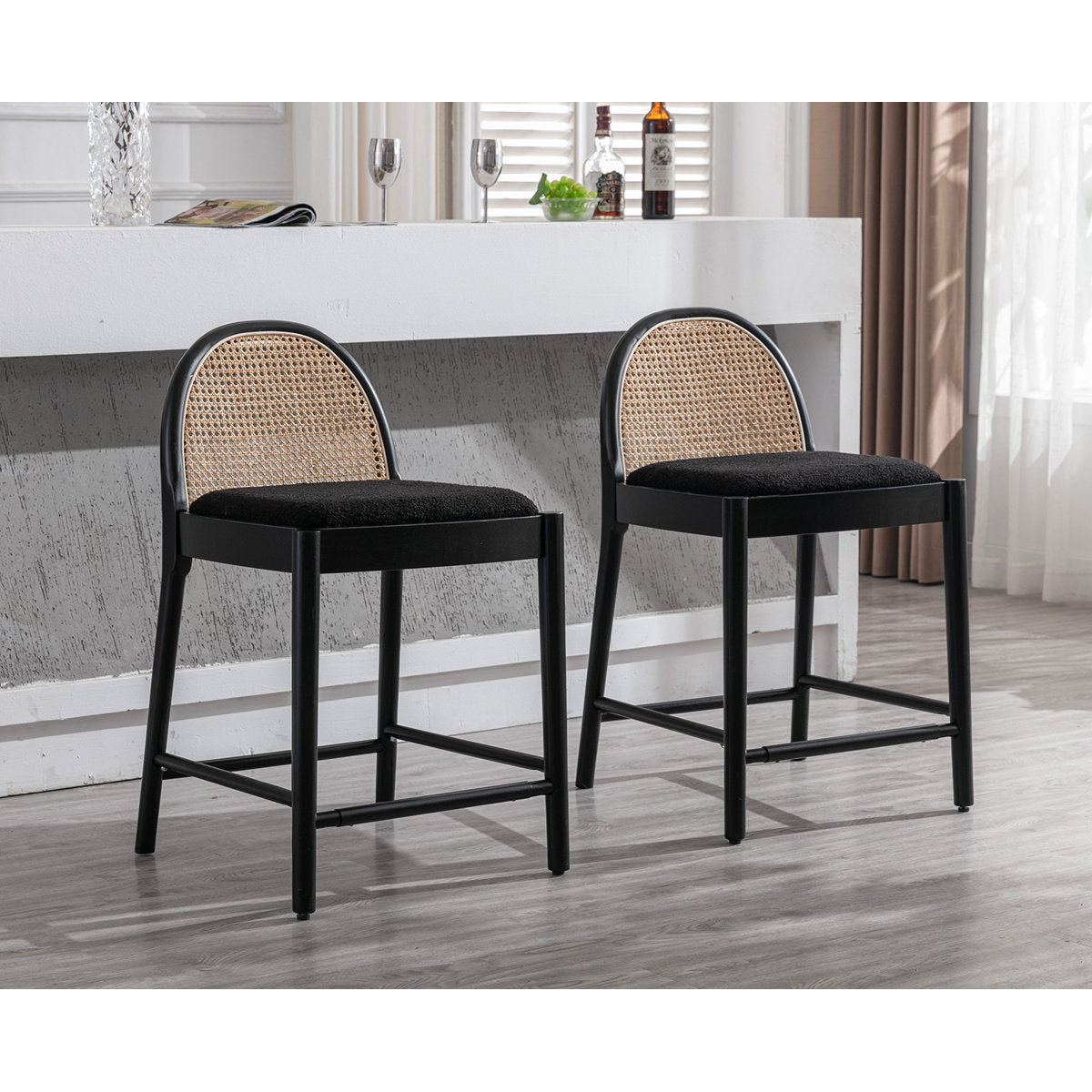 The Heritage Solid Wood Bar Stool Set – Handcrafted Woven Rattan & Cotton Upholstery