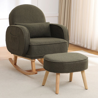 Modern Grey Boucle Rocking Chair and Ottoman with Natural Wood Accents