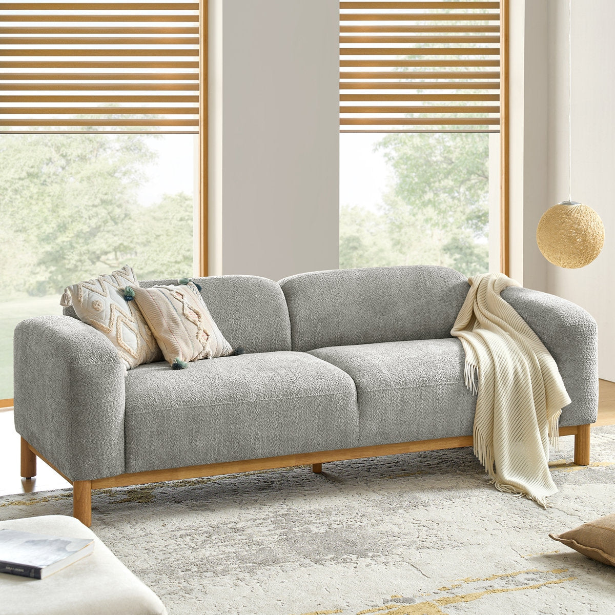 Modern Comfort Boucle 3 Seater Sofa with Natural Acacia Wood Frame