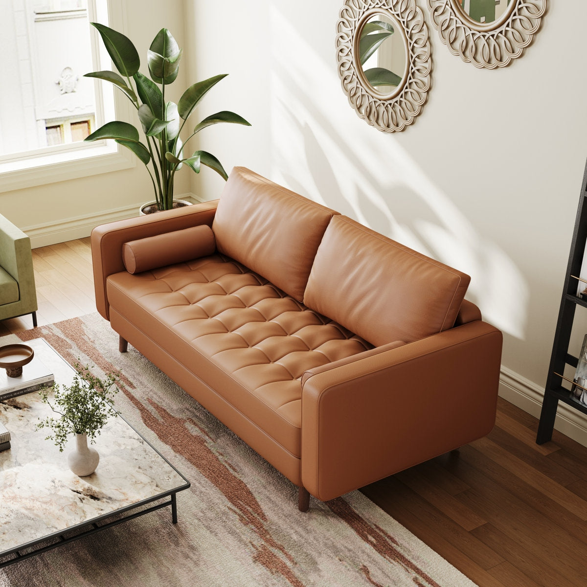 Warm Caramel Leather Sofa with Natural Sheesham Accents