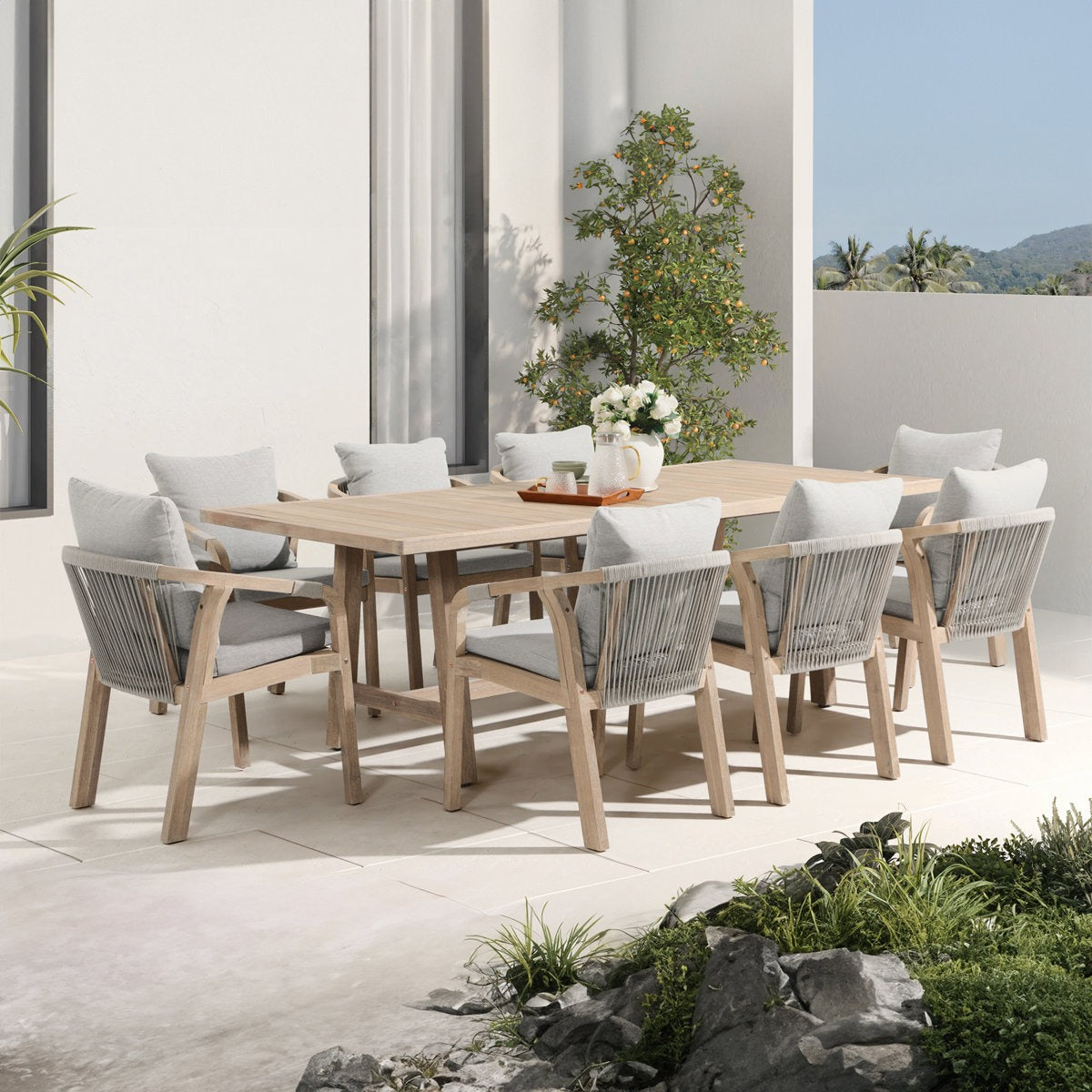 ADOUER WOOD Solid Acacia Wood 8-Seater Outdoor Dining Set with Weather-Resistant Grey Cushions Exterior PU Finish