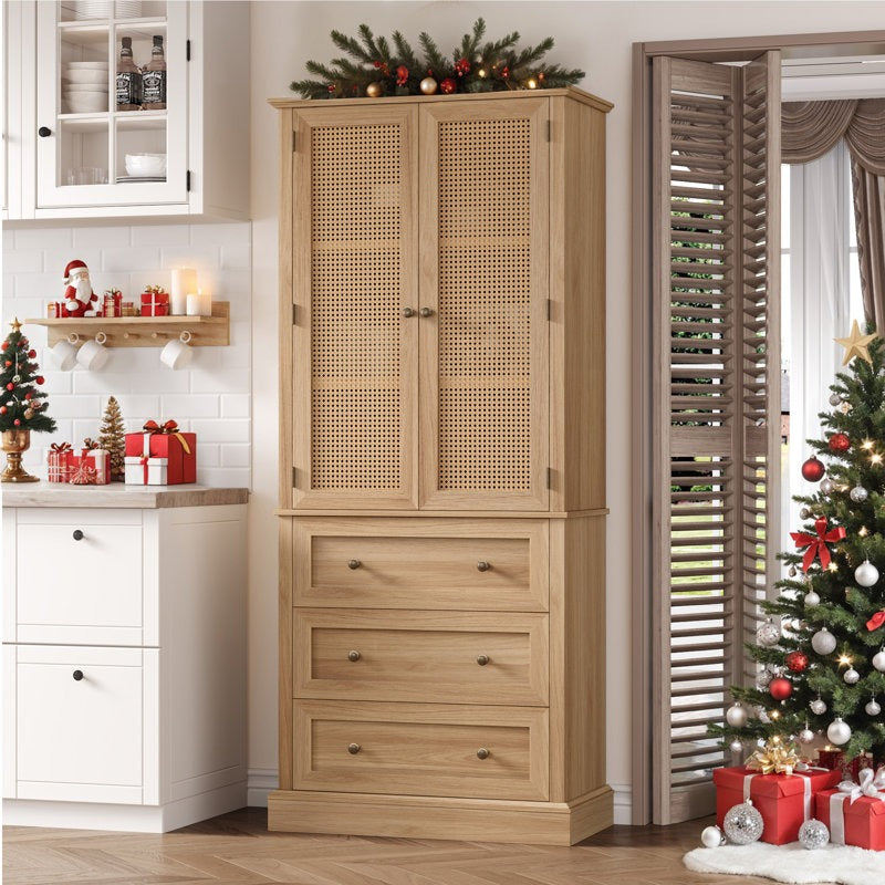 ADOUER WOOD  Solid Wood Kitchen Pantry with Rattan Doors, 3 Storage Drawers and Adjustable Shelves