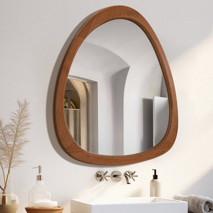 Asymmetrical Wood Wall Mirror - Organic Pebble Shape Mirror for Bathroom, Entryway & Living Room - Mid-Century Modern Decorative Mirror