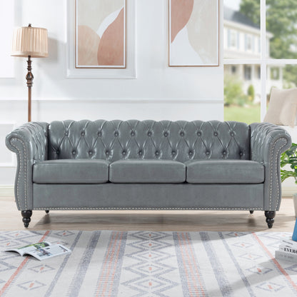 Classic Brown Leather Chesterfield Sofa with Sheesham Wood Frame