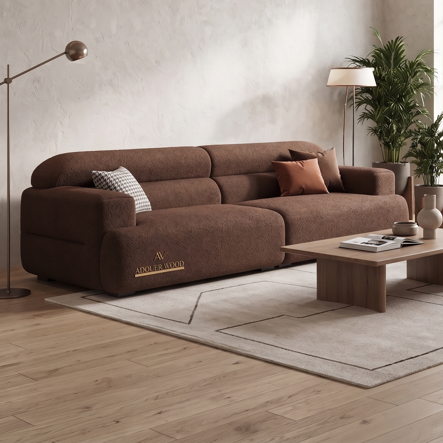 Adouer Wood Modern Low-Profile Velvet Bouclé Sofa in Earthy Brown – Premium Fabric Deep Seat Lounge Couch