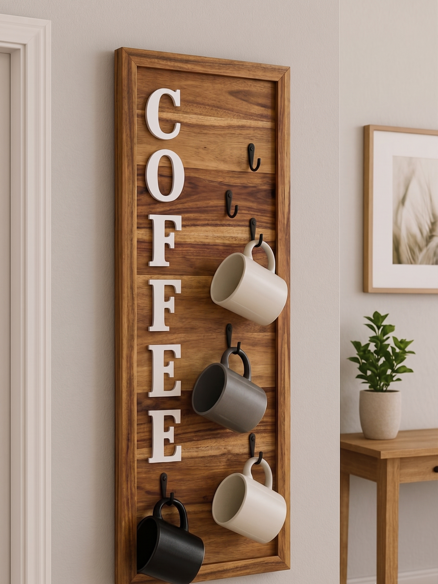 ADOUER WOOD Vertical Wooden Coffee Mug Rack with Wall Sign