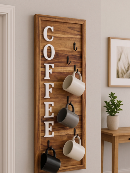 ADOUER WOOD Vertical Wooden Coffee Mug Rack with Wall Sign