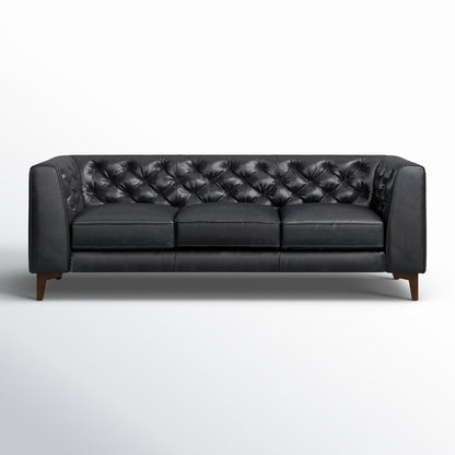 Classic Tufted Leather 3-Seater Sofa with Sheesham Wood Frame