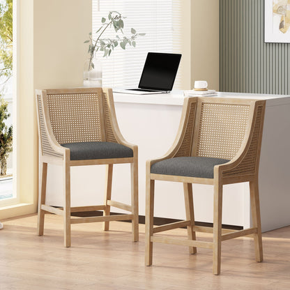 Solid Wood Counter Height Stools with Natural Rattan Backrest and Premium Upholstered Cushioning – Set of 2