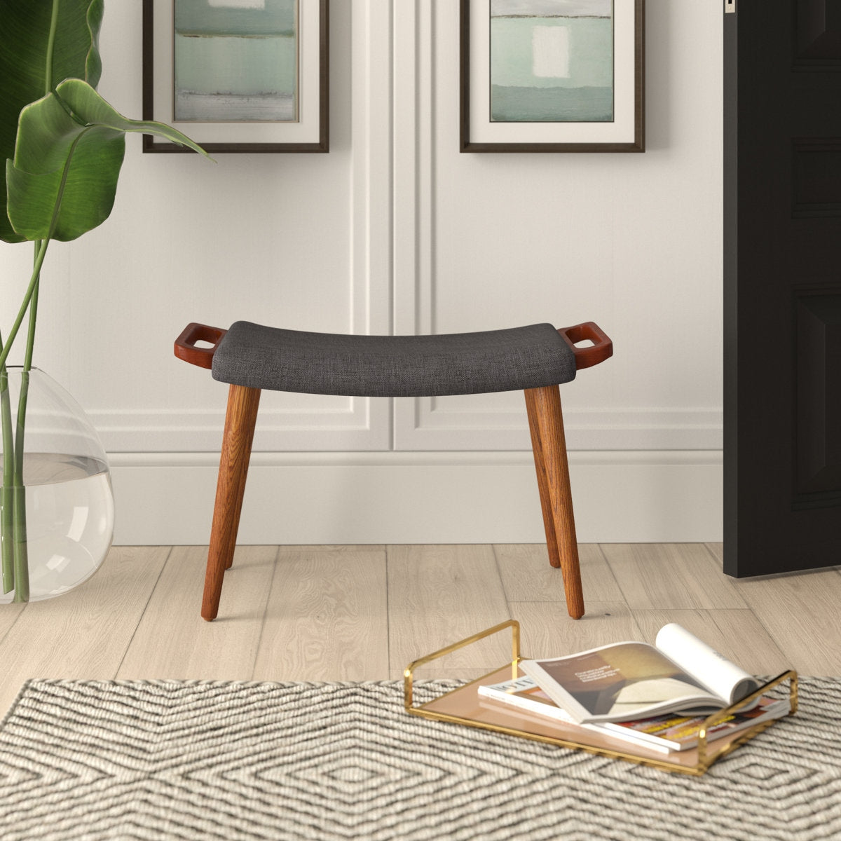 Handcrafted Sheesham Wood Ottoman Bench - Mid-Century Cotton Stool