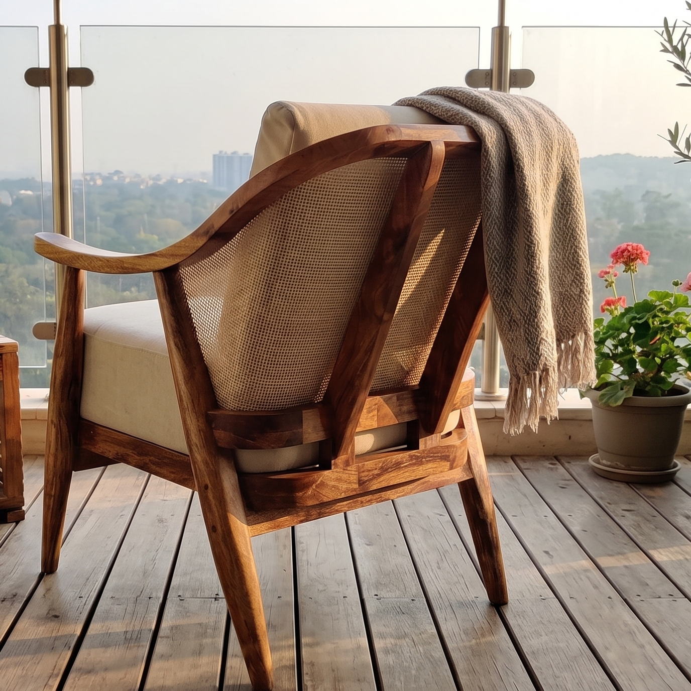 Adouer Wood Sheesham Solid Wood Armchair with Natural PU Finish