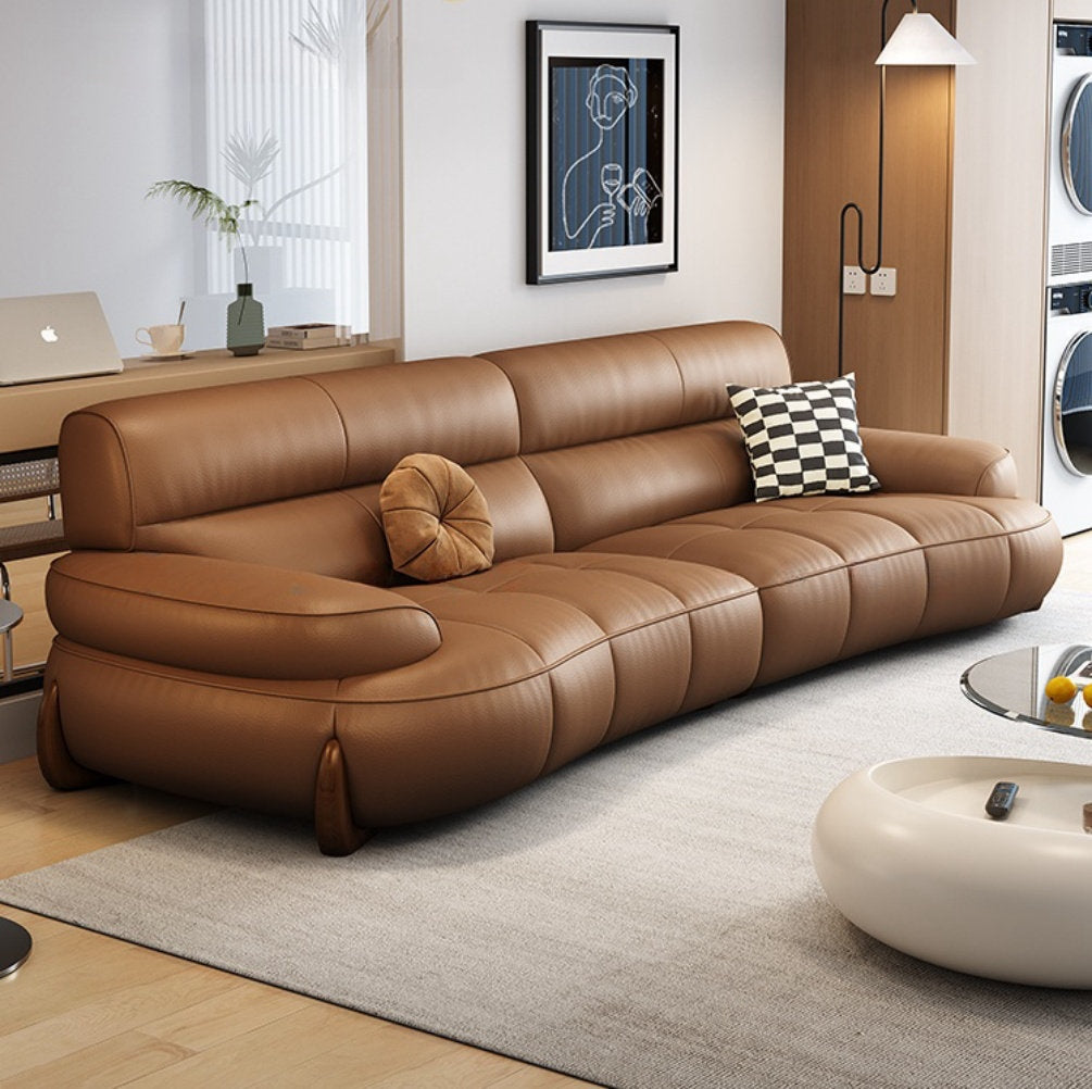 Modular Look Curved Leather Sofa with Generous Rolling Arms