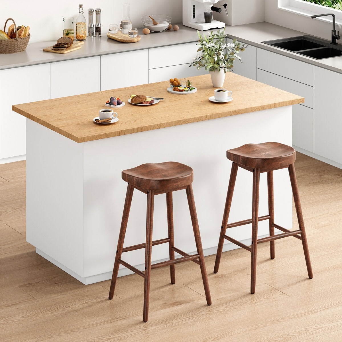 The Sculpted Walnut Saddle Stool: Solid Wood Mid-Century Bar Seating (Set of 2)