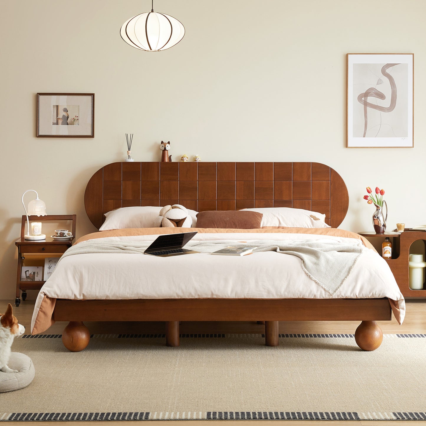 Light Walnut Sheesham Low Platform Bed with Sculptural Spherical Legs