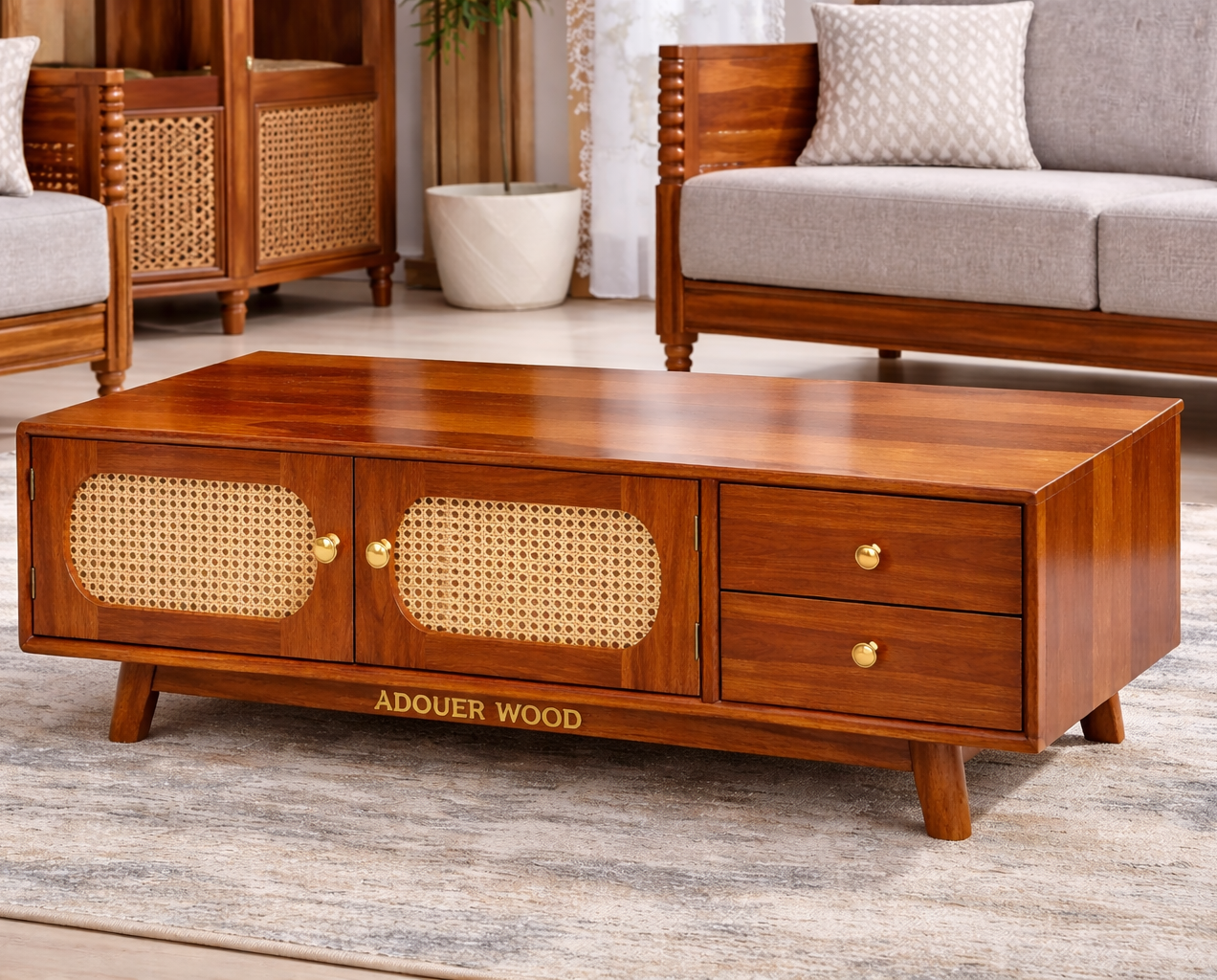 Adouer Wood Solid Sheesham Coffee Table with Cane Storage & Drawers