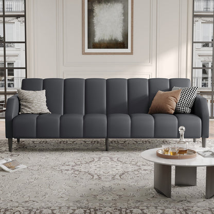 Sheesham Wood and Leather Channel-Panel Sofa - Walnut Finish