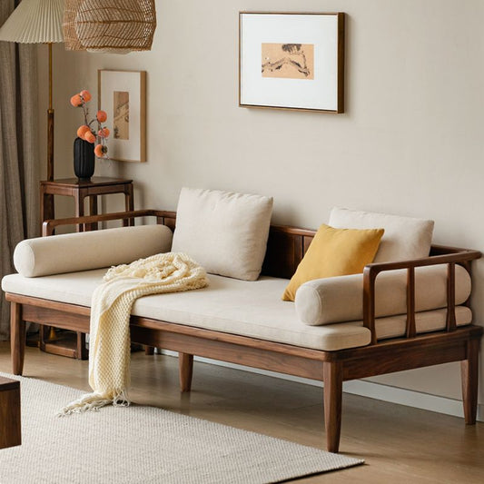 Modern Sheesham Wood 3 Seater Sofa with Comfortable Linen Cushions